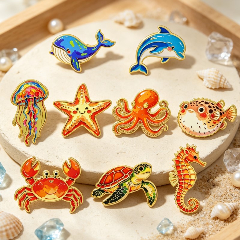 Lapel Pin Enamel - Broche Esmaltado de Animais Marinhos Vibrantes,